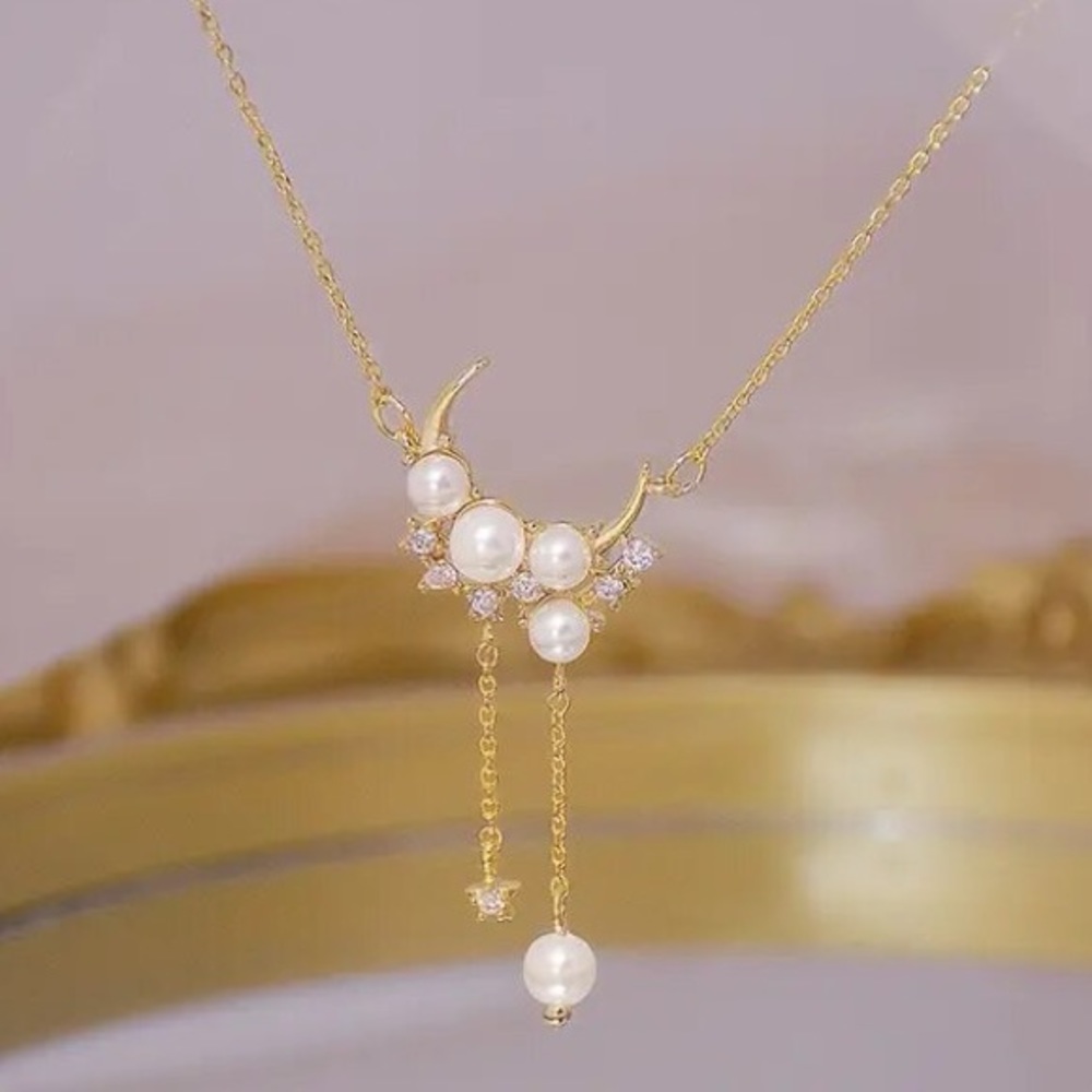 NEW 14K Gold Plated Diamond Pearl Moon Necklace